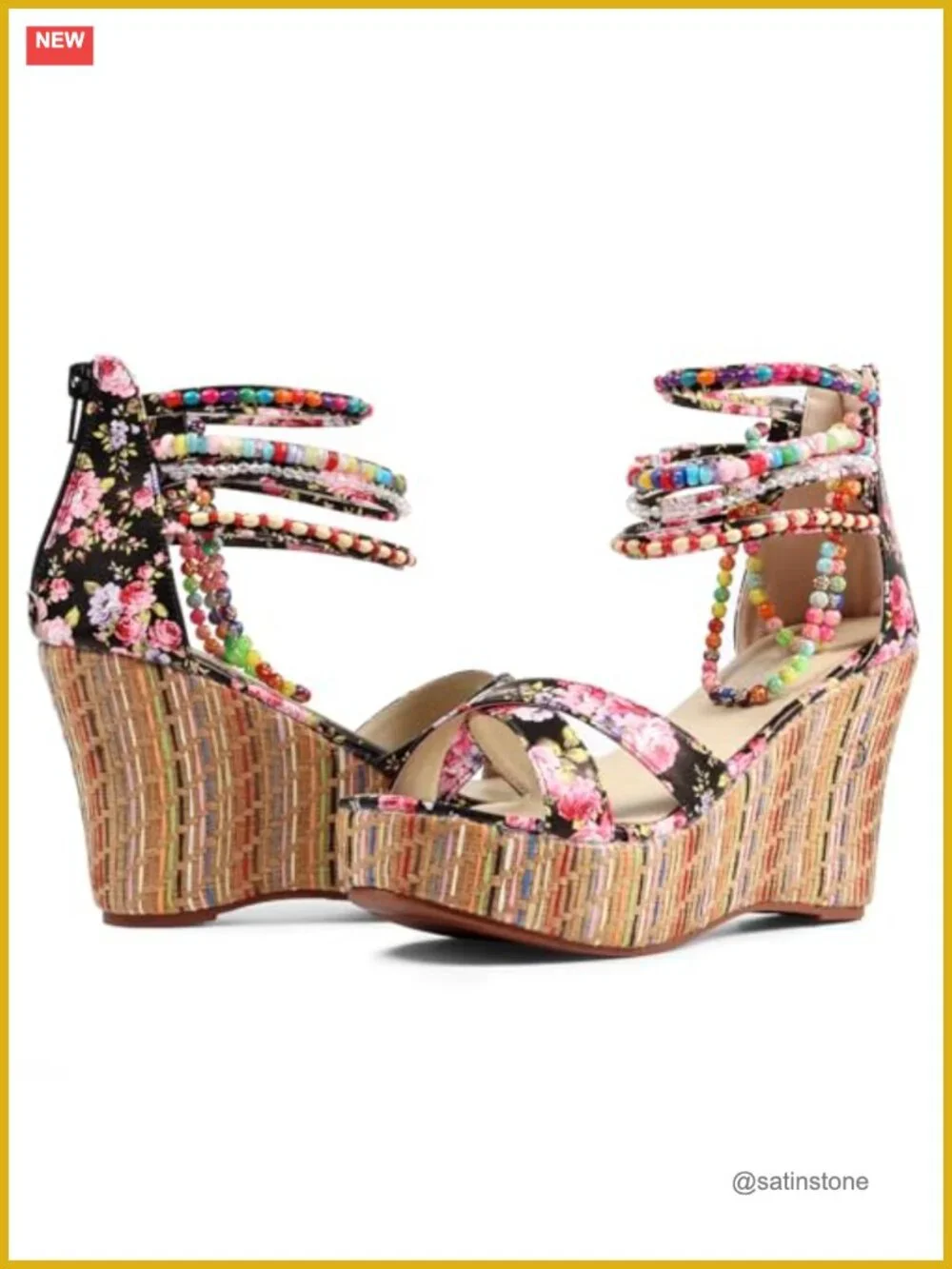 Wedge Sandals with Pearls Across Top Platform High Heels Back Zipper Open Toe